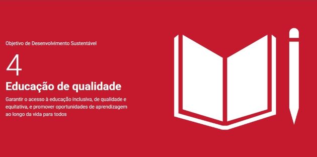 Imagem. Ilustração de livro e lápis e texto do ODS 4 - Educação de Qualidade.